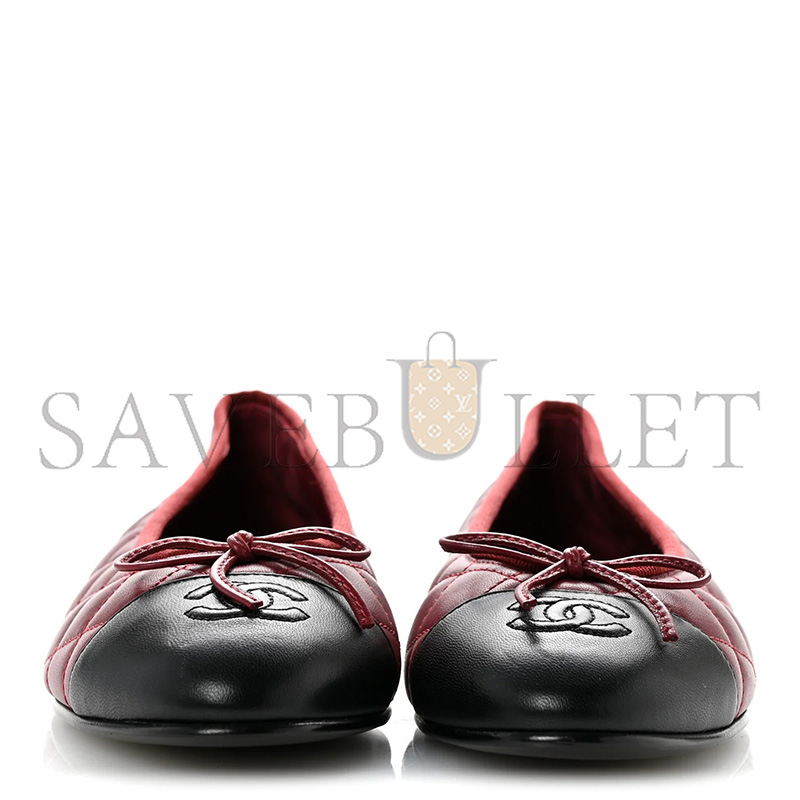 CHANEL LAMBSKIN QUILTED CC CAP TOE BALLERINA FLATS 39 BURGUNDY BLACK